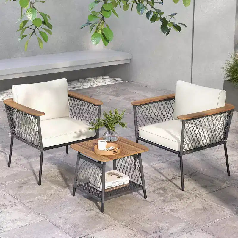 Ensemble de meubles de patio Costway 3 pièces avec table basse à 2 niveaux et accoudoirs et plateau en bois d'acacia