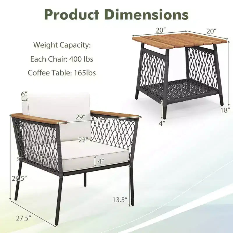 Ensemble de meubles de patio Costway 3 pièces avec table basse à 2 niveaux et accoudoirs et plateau en bois d'acacia