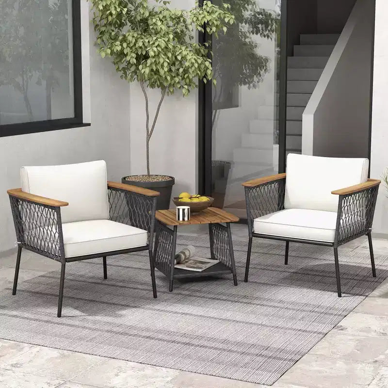 Ensemble de meubles de patio Costway 3 pièces avec table basse à 2 niveaux et accoudoirs et plateau en bois d'acacia