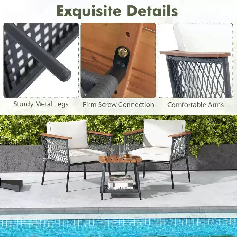 Ensemble de meubles de patio Costway 3 pièces avec table basse à 2 niveaux et accoudoirs et plateau en bois d'acacia