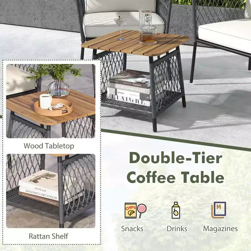 Ensemble de meubles de patio Costway 3 pièces avec table basse à 2 niveaux et accoudoirs et plateau en bois d'acacia