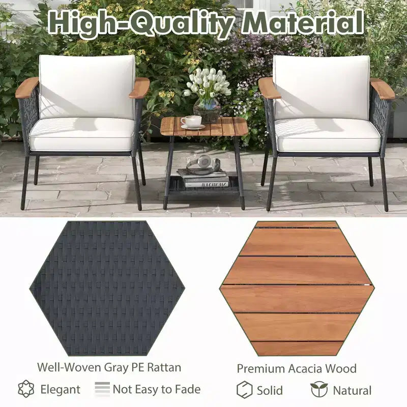 Ensemble de meubles de patio Costway 3 pièces avec table basse à 2 niveaux et accoudoirs et plateau en bois d'acacia