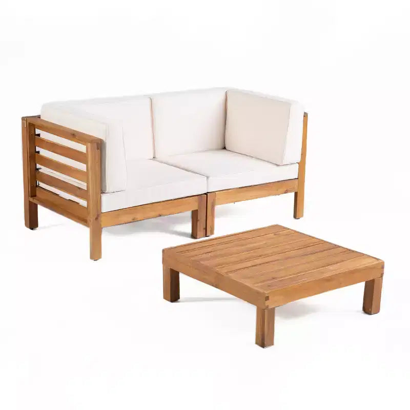 GDFStudio Cascada Outdoor Acacia Wood Loveseat and Table Set with Cushions, Teak/Beige