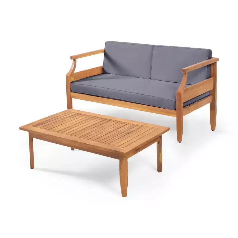 GDFStudio Bianca Outdoor Acacia Wood Loveseat and Coffee Table Set with Cushions, Teak/Dark Gray