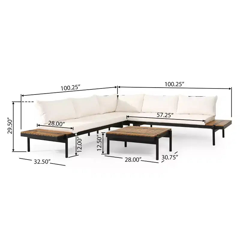 GDFStudio Cody Canapé d'angle d'extérieur 5 places en bois d'acacia et fer avec coussins, teck, noir et crème