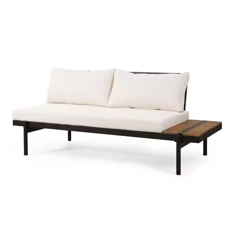 GDFStudio Cody Canapé d'angle d'extérieur 5 places en bois d'acacia et fer avec coussins, teck, noir et crème