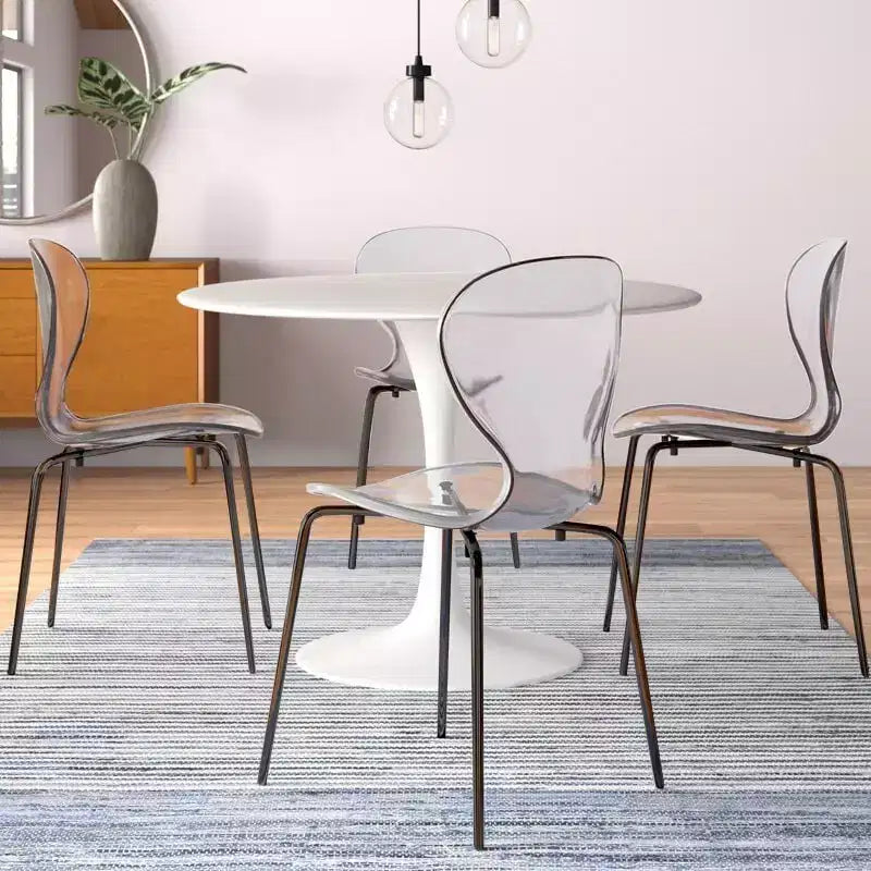 LeisureMod Oyster Transparent Dining Chairs Set of 2  Stackable Curved Back Design with Black Stainless Steel Legs for Kitchen or Dining Room