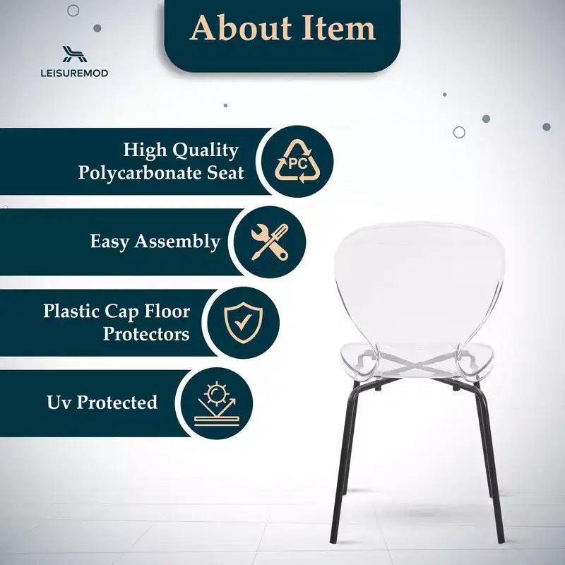 LeisureMod Oyster Transparent Dining Chairs Set of 2  Stackable Curved Back Design with Black Stainless Steel Legs for Kitchen or Dining Room