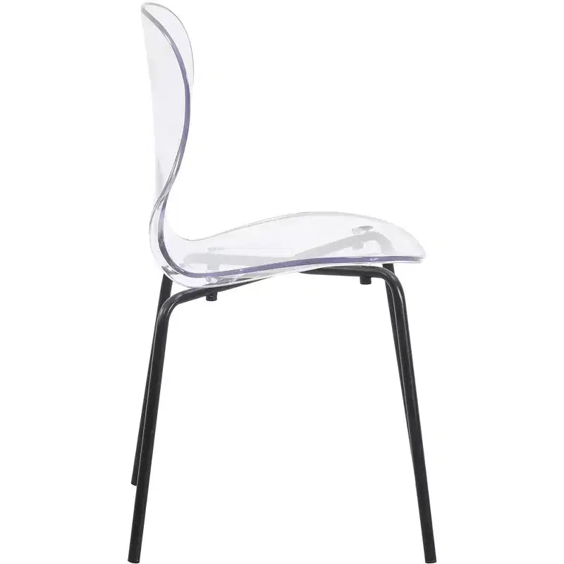 LeisureMod Oyster Transparent Dining Chairs Set of 2  Stackable Curved Back Design with Black Stainless Steel Legs for Kitchen or Dining Room