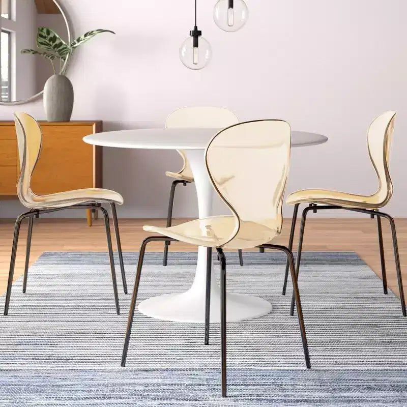 LeisureMod Oyster Transparent Dining Chairs Set of 2  Stackable Curved Back Design with Black Stainless Steel Legs for Kitchen or Dining Room