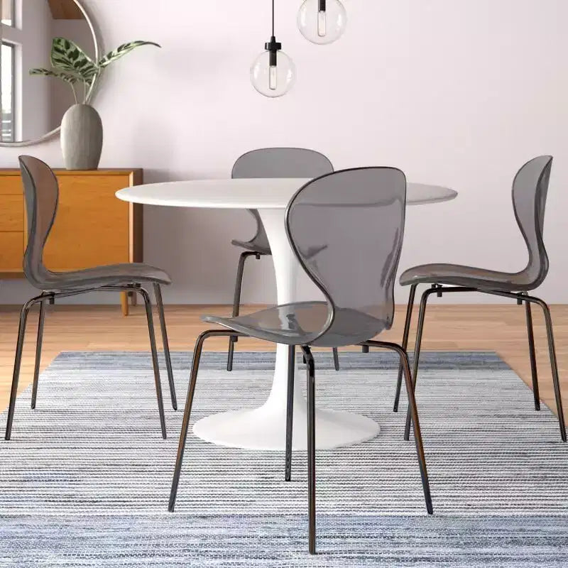LeisureMod Oyster Transparent Dining Chairs Set of 2  Stackable Curved Back Design with Black Stainless Steel Legs for Kitchen or Dining Room