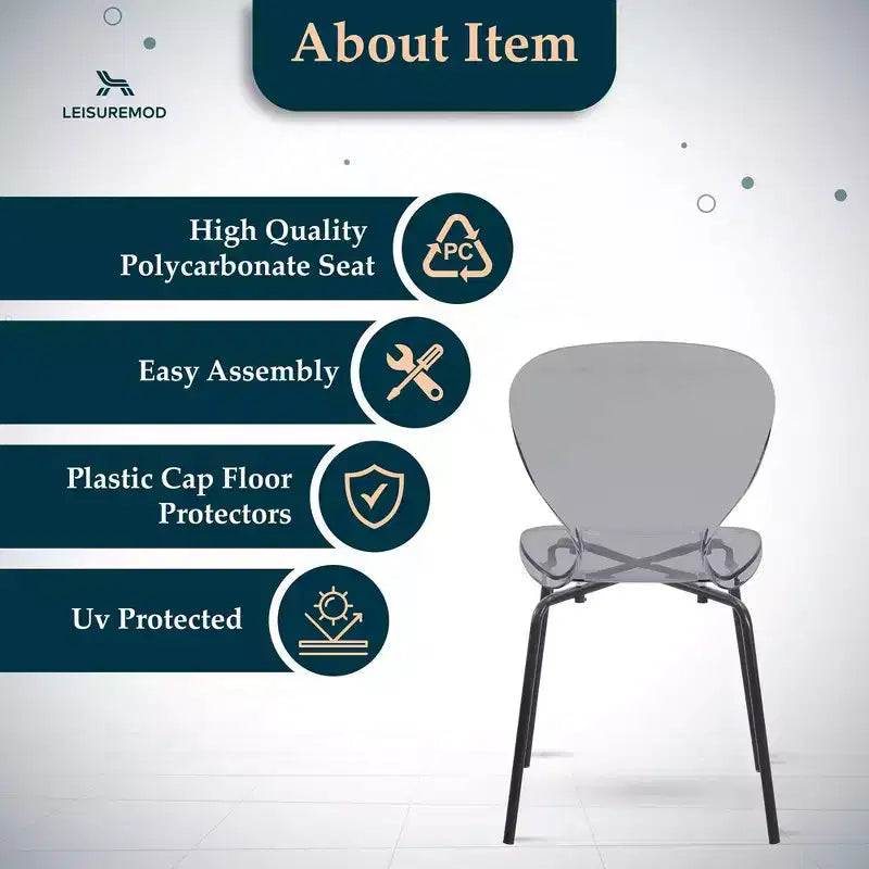 LeisureMod Oyster Transparent Dining Chairs Set of 2  Stackable Curved Back Design with Black Stainless Steel Legs for Kitchen or Dining Room