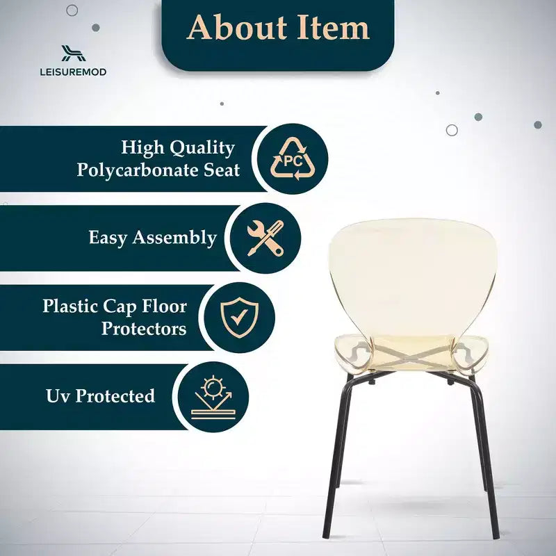 LeisureMod Oyster Transparent Dining Chairs Set of 2  Stackable Curved Back Design with Black Stainless Steel Legs for Kitchen or Dining Room