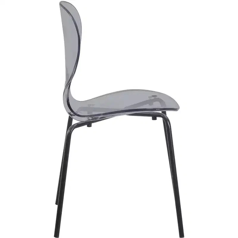 LeisureMod Oyster Transparent Dining Chairs Set of 2  Stackable Curved Back Design with Black Stainless Steel Legs for Kitchen or Dining Room