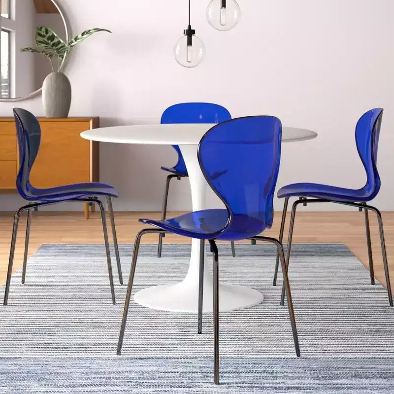 LeisureMod Oyster Transparent Dining Chairs Set of 2  Stackable Curved Back Design with Black Stainless Steel Legs for Kitchen or Dining Room