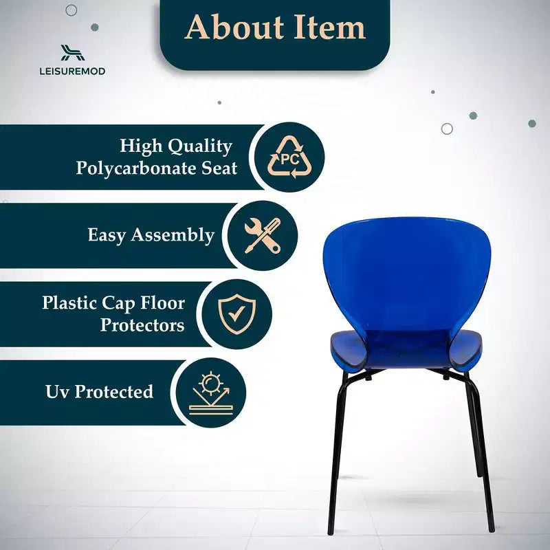 LeisureMod Oyster Transparent Dining Chairs Set of 2  Stackable Curved Back Design with Black Stainless Steel Legs for Kitchen or Dining Room
