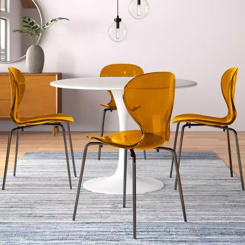 LeisureMod Oyster Transparent Dining Chairs Set of 2  Stackable Curved Back Design with Black Stainless Steel Legs for Kitchen or Dining Room