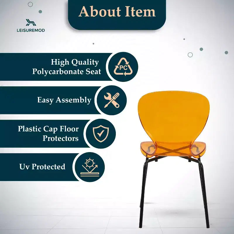 LeisureMod Oyster Transparent Dining Chairs Set of 2  Stackable Curved Back Design with Black Stainless Steel Legs for Kitchen or Dining Room