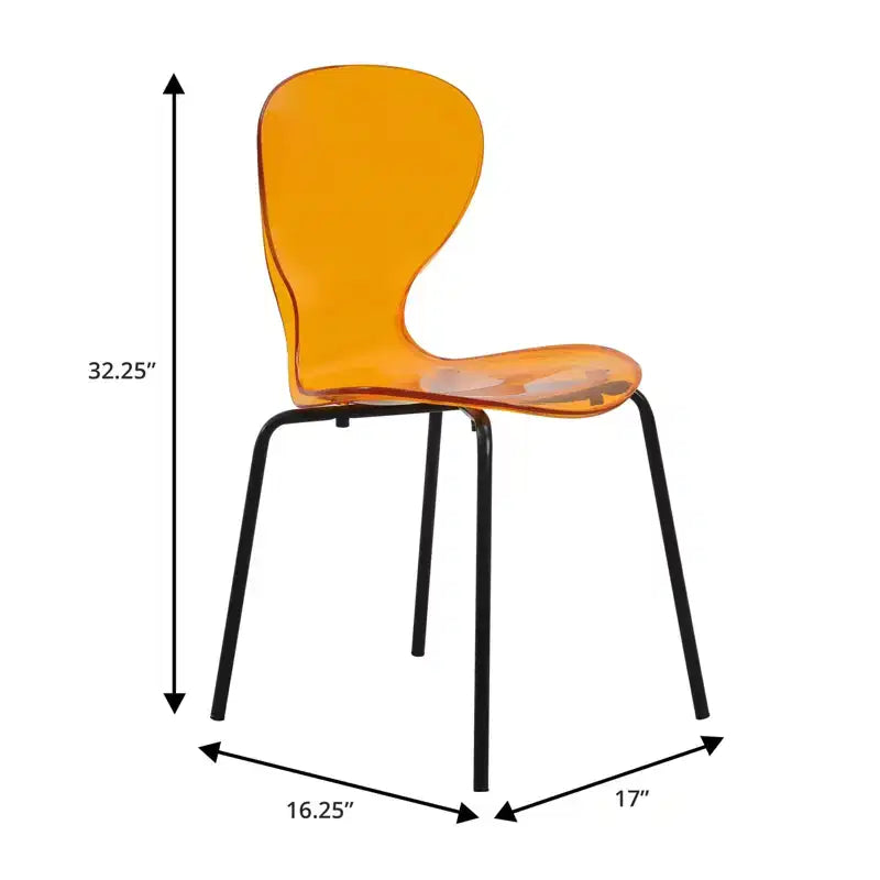 LeisureMod Oyster Transparent Dining Chairs Set of 2  Stackable Curved Back Design with Black Stainless Steel Legs for Kitchen or Dining Room