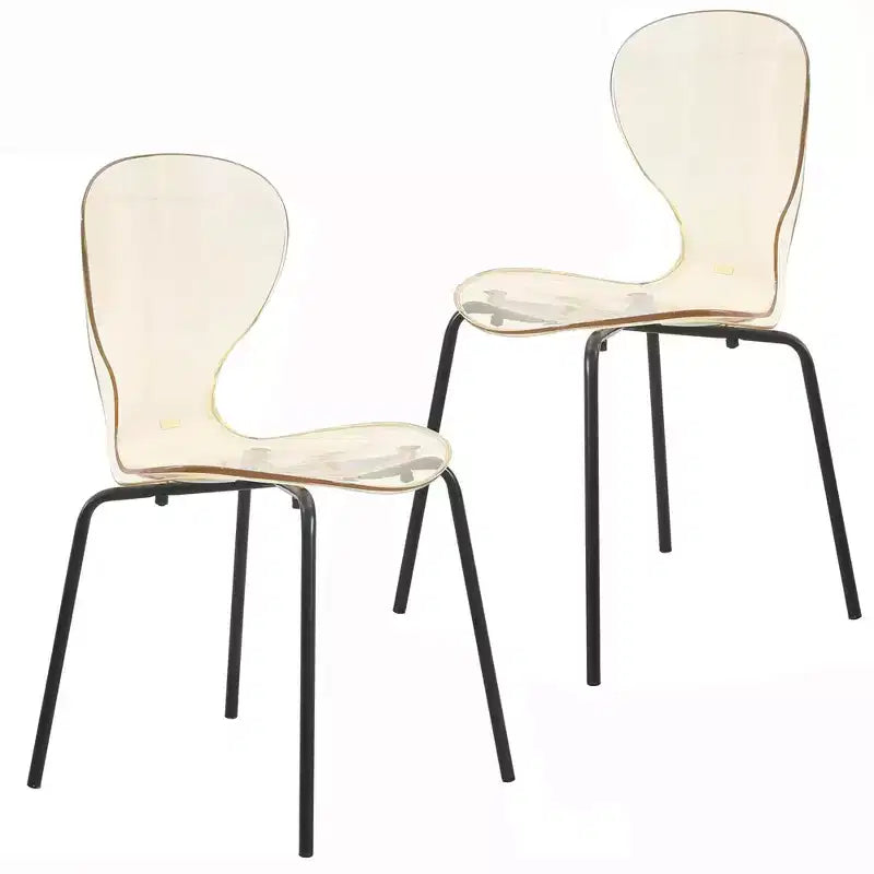 LeisureMod Oyster Transparent Dining Chairs Set of 2  Stackable Curved Back Design with Black Stainless Steel Legs for Kitchen or Dining Room