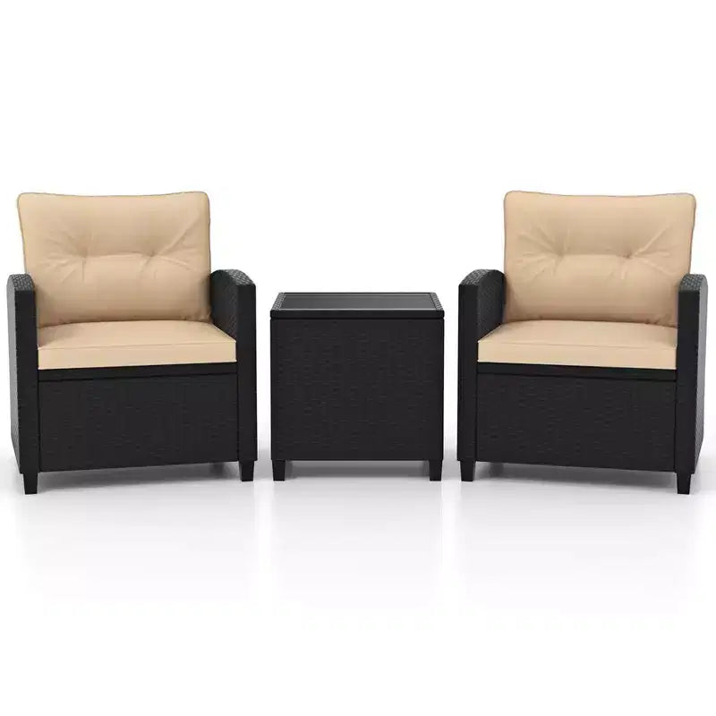 Ensemble de mobilier de patio Costway 3 pièces avec table basse en verre trempé et coussins lavables Beige/Noir/Blanc cassé/Rouge/Bleu marine/Turquoise