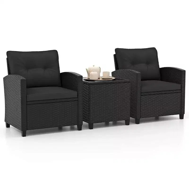 Ensemble de mobilier de patio Costway 3 pièces avec table basse en verre trempé et coussins lavables Beige/Noir/Blanc cassé/Rouge/Bleu marine/Turquoise