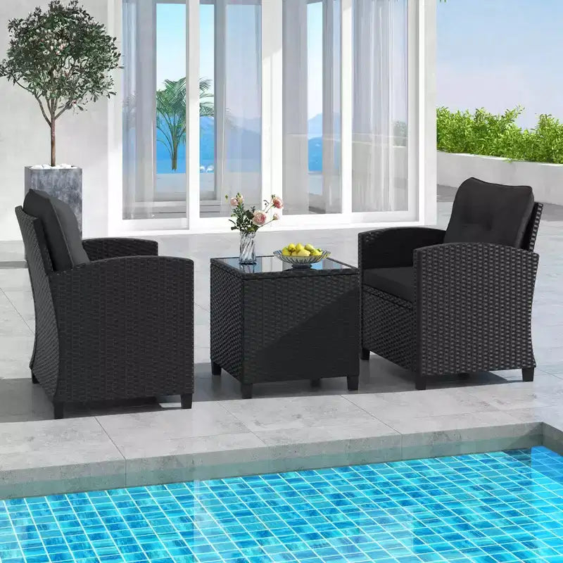 Ensemble de mobilier de patio Costway 3 pièces avec table basse en verre trempé et coussins lavables Beige/Noir/Blanc cassé/Rouge/Bleu marine/Turquoise