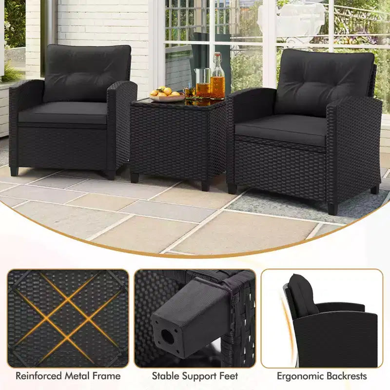 Ensemble de mobilier de patio Costway 3 pièces avec table basse en verre trempé et coussins lavables Beige/Noir/Blanc cassé/Rouge/Bleu marine/Turquoise