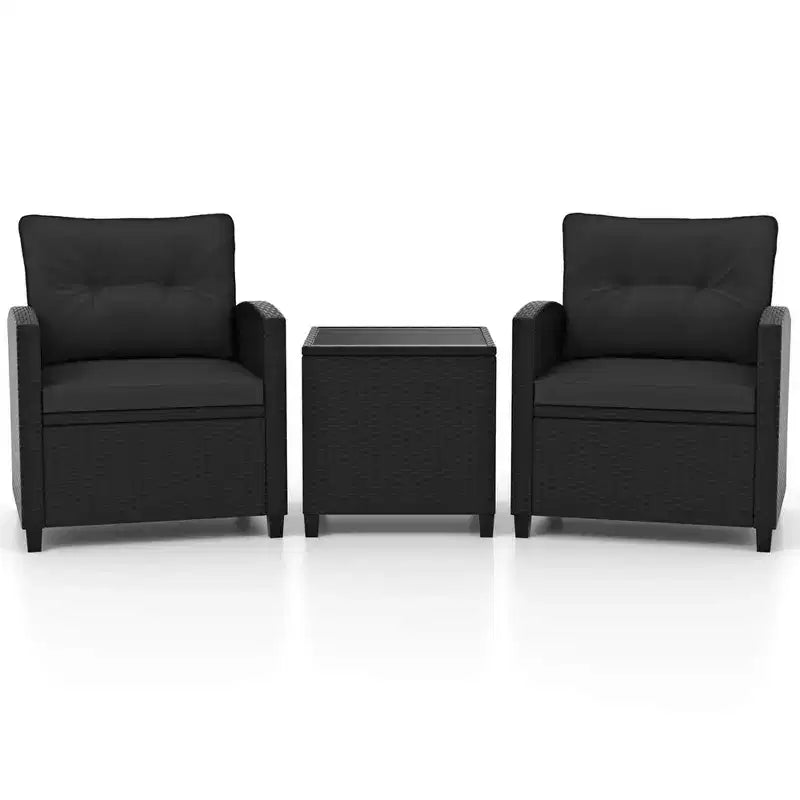 Ensemble de mobilier de patio Costway 3 pièces avec table basse en verre trempé et coussins lavables Beige/Noir/Blanc cassé/Rouge/Bleu marine/Turquoise