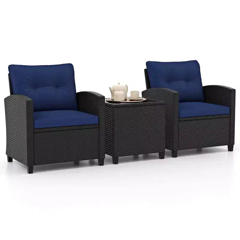 Ensemble de mobilier de patio Costway 3 pièces avec table basse en verre trempé et coussins lavables Beige/Noir/Blanc cassé/Rouge/Bleu marine/Turquoise