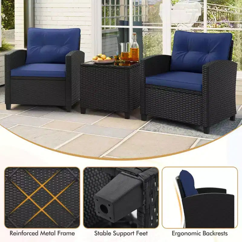 Ensemble de mobilier de patio Costway 3 pièces avec table basse en verre trempé et coussins lavables Beige/Noir/Blanc cassé/Rouge/Bleu marine/Turquoise