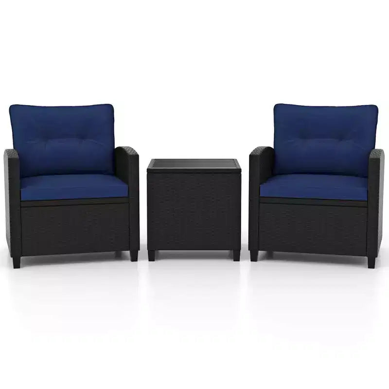 Ensemble de mobilier de patio Costway 3 pièces avec table basse en verre trempé et coussins lavables Beige/Noir/Blanc cassé/Rouge/Bleu marine/Turquoise