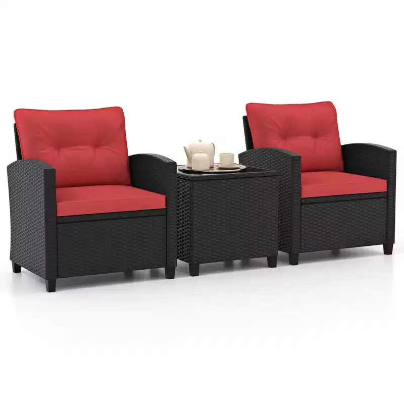 Ensemble de mobilier de patio Costway 3 pièces avec table basse en verre trempé et coussins lavables Beige/Noir/Blanc cassé/Rouge/Bleu marine/Turquoise