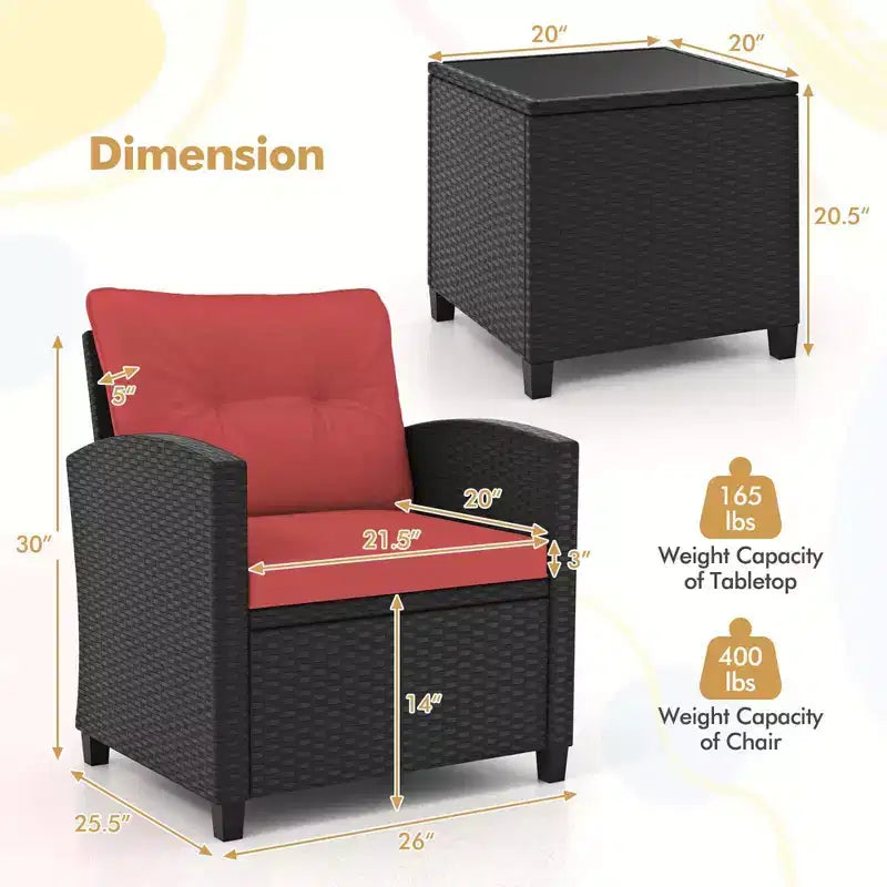Ensemble de mobilier de patio Costway 3 pièces avec table basse en verre trempé et coussins lavables Beige/Noir/Blanc cassé/Rouge/Bleu marine/Turquoise