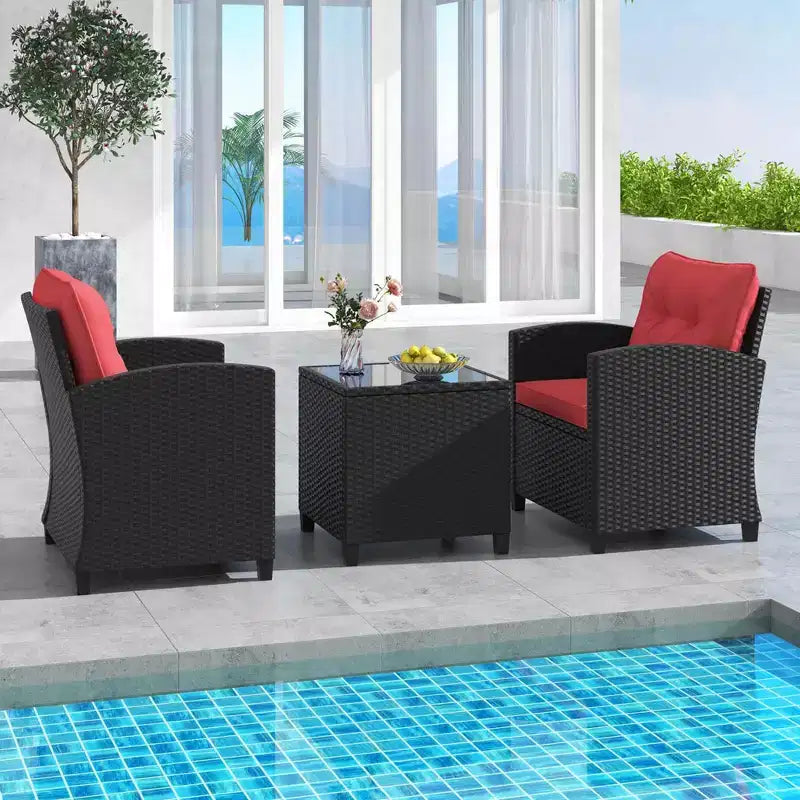 Ensemble de mobilier de patio Costway 3 pièces avec table basse en verre trempé et coussins lavables Beige/Noir/Blanc cassé/Rouge/Bleu marine/Turquoise