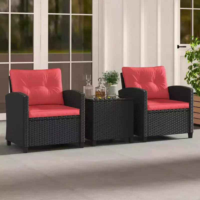 Ensemble de mobilier de patio Costway 3 pièces avec table basse en verre trempé et coussins lavables Beige/Noir/Blanc cassé/Rouge/Bleu marine/Turquoise