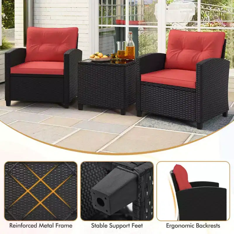 Ensemble de mobilier de patio Costway 3 pièces avec table basse en verre trempé et coussins lavables Beige/Noir/Blanc cassé/Rouge/Bleu marine/Turquoise