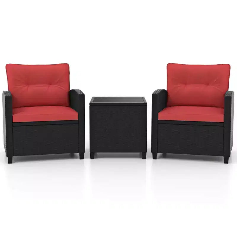 Ensemble de mobilier de patio Costway 3 pièces avec table basse en verre trempé et coussins lavables Beige/Noir/Blanc cassé/Rouge/Bleu marine/Turquoise