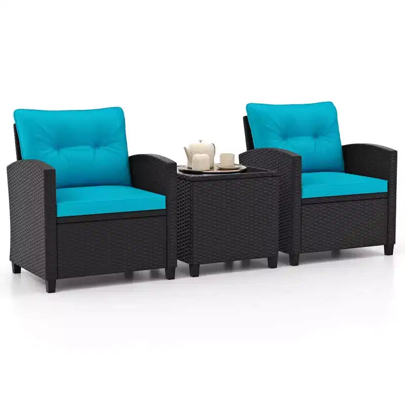 Ensemble de mobilier de patio Costway 3 pièces avec table basse en verre trempé et coussins lavables Beige/Noir/Blanc cassé/Rouge/Bleu marine/Turquoise