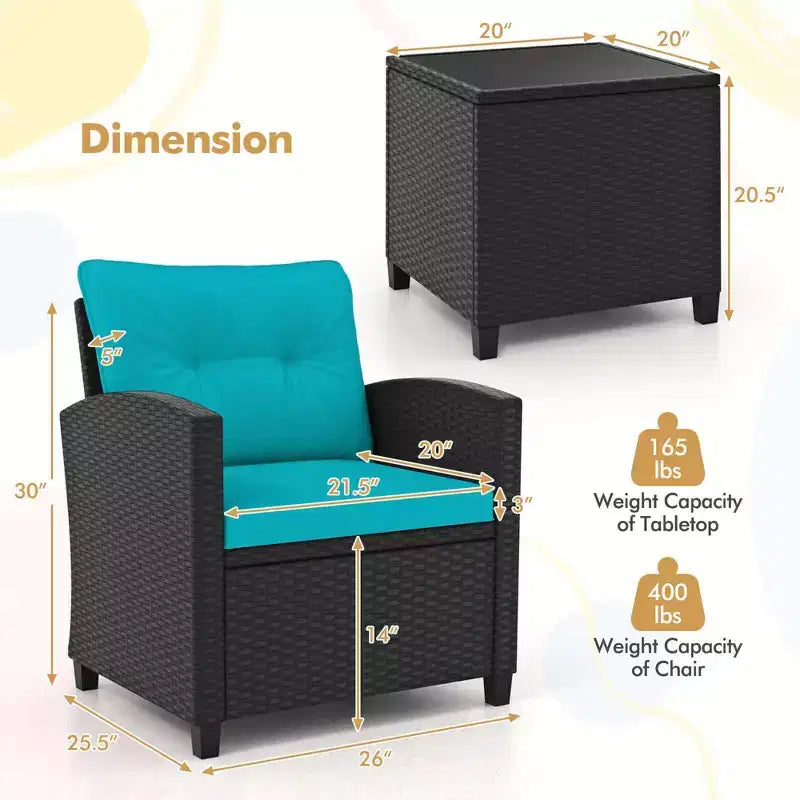 Ensemble de mobilier de patio Costway 3 pièces avec table basse en verre trempé et coussins lavables Beige/Noir/Blanc cassé/Rouge/Bleu marine/Turquoise