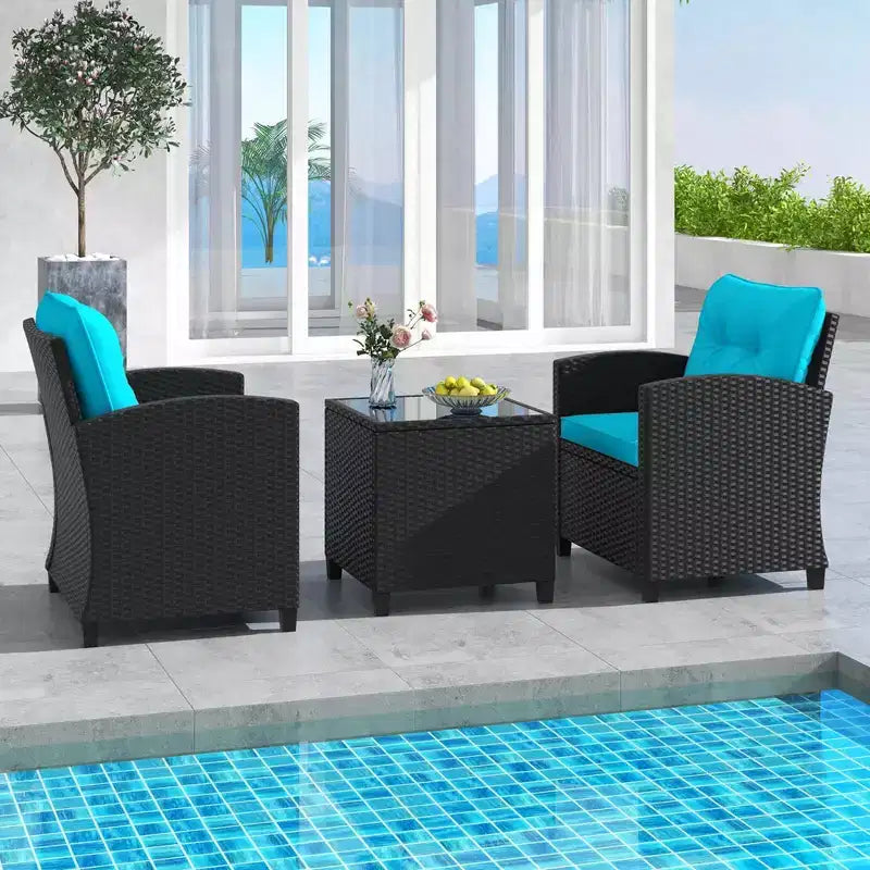 Ensemble de mobilier de patio Costway 3 pièces avec table basse en verre trempé et coussins lavables Beige/Noir/Blanc cassé/Rouge/Bleu marine/Turquoise