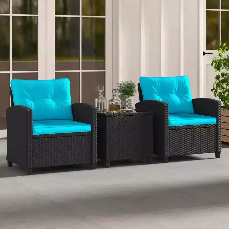 Ensemble de mobilier de patio Costway 3 pièces avec table basse en verre trempé et coussins lavables Beige/Noir/Blanc cassé/Rouge/Bleu marine/Turquoise