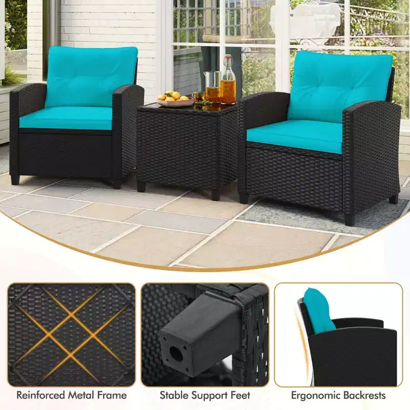 Ensemble de mobilier de patio Costway 3 pièces avec table basse en verre trempé et coussins lavables Beige/Noir/Blanc cassé/Rouge/Bleu marine/Turquoise