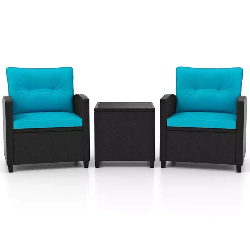 Ensemble de mobilier de patio Costway 3 pièces avec table basse en verre trempé et coussins lavables Beige/Noir/Blanc cassé/Rouge/Bleu marine/Turquoise