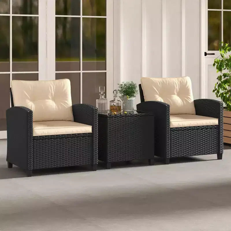 Ensemble de mobilier de patio Costway 3 pièces avec table basse en verre trempé et coussins lavables Beige/Noir/Blanc cassé/Rouge/Bleu marine/Turquoise
