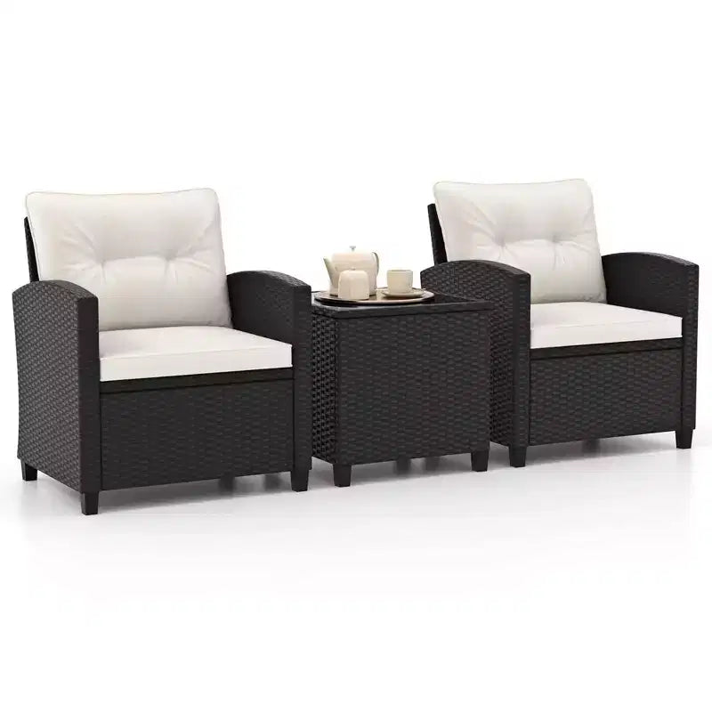 Ensemble de mobilier de patio Costway 3 pièces avec table basse en verre trempé et coussins lavables Beige/Noir/Blanc cassé/Rouge/Bleu marine/Turquoise