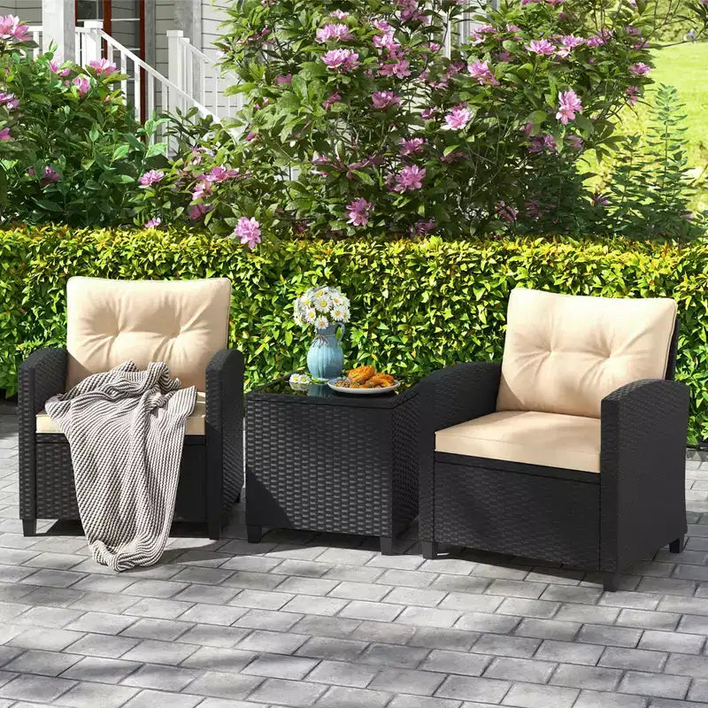Costway 3 PCS Patio Furniture Set with Tempered Glass Coffee Table Washable Cushions Beige/Black/Off White/Red/Navy/Turquoise