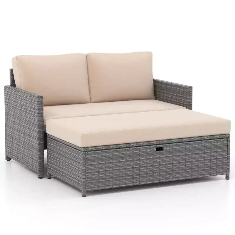 Costway – Causeuse de terrasse 2 places avec pouf de rangement multifonctionnel de 117 L et coussins moelleux