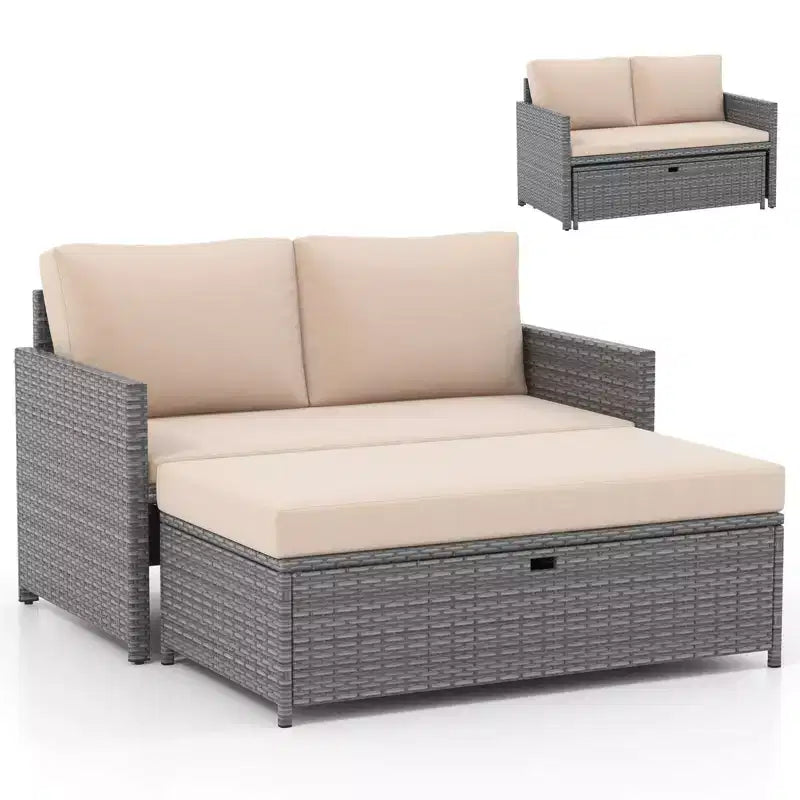Costway – Causeuse de terrasse 2 places avec pouf de rangement multifonctionnel de 117 L et coussins moelleux