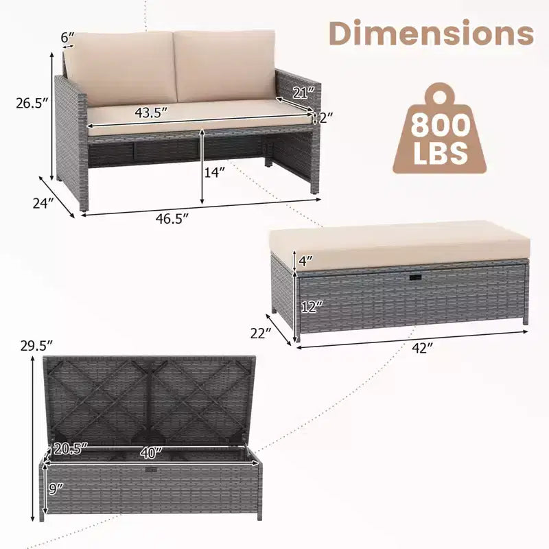 Costway – Causeuse de terrasse 2 places avec pouf de rangement multifonctionnel de 117 L et coussins moelleux